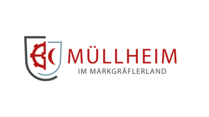 Logo MÜLLHEIM IM MARKGRÄFLERLAND mit einem Wappen, das ein rotes Zahnrad und ein rotes stilisiertes "M" zeigt.
